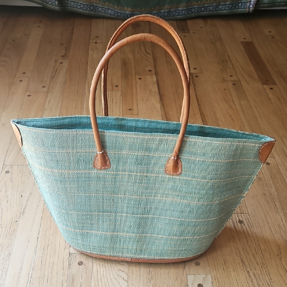 Blue and Tan Woven Tote with Leather Handles